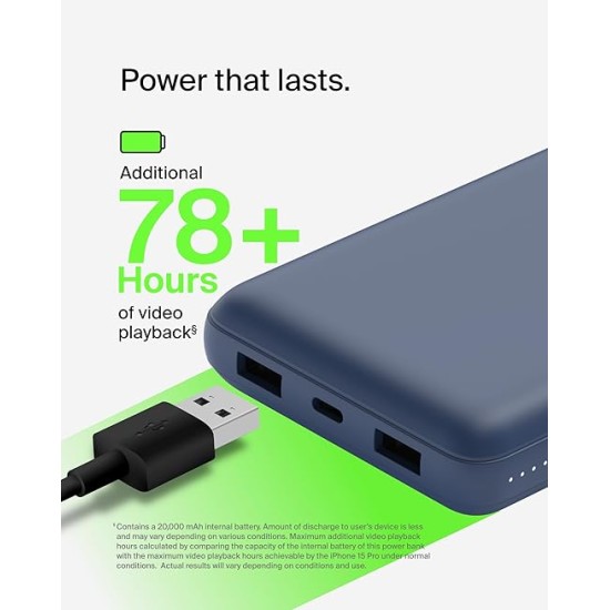 Belkin 20000 mAh Power Bank | Super Fast Charging | USB-C PD Port | 15W Charging for iPhone Series (16, 16 Pro Max), Samsung Galaxy, Google Pixel & More | 2 Years Warranty | Blue