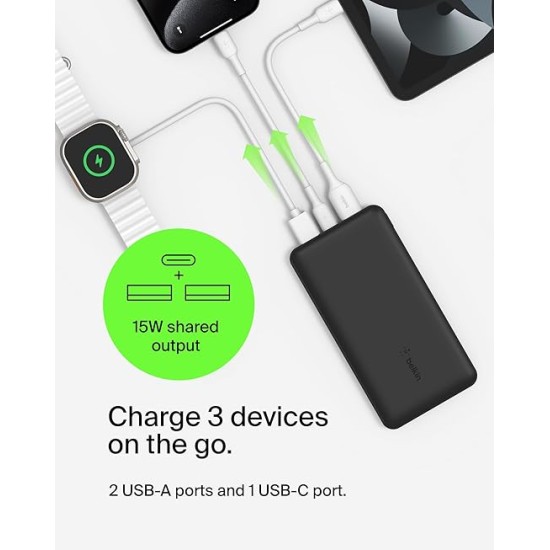Belkin 20000 mAh Power Bank | Super Fast Charging | USB Type-C Input PD Port | 15W Charging for iPhone Series (16, 16 Pro Max), Samsung Galaxy, Google Pixel & More | 2 Years Warranty | Black