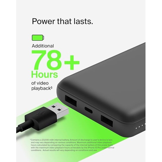 Belkin 20000 mAh Power Bank | Super Fast Charging | USB Type-C Input PD Port | 15W Charging for iPhone Series (16, 16 Pro Max), Samsung Galaxy, Google Pixel & More | 2 Years Warranty | Black