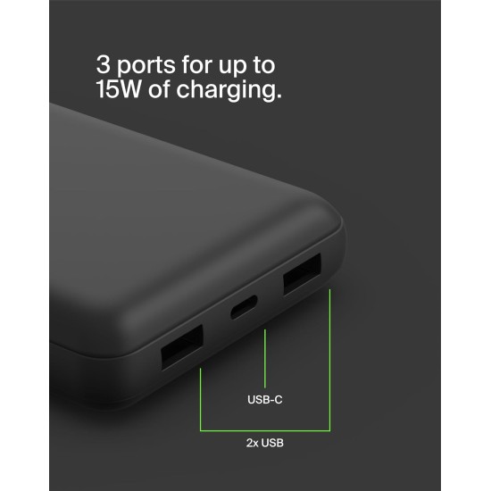 Belkin 20000 mAh Power Bank | Super Fast Charging | USB Type-C Input PD Port | 15W Charging for iPhone Series (16, 16 Pro Max), Samsung Galaxy, Google Pixel & More | 2 Years Warranty | Black