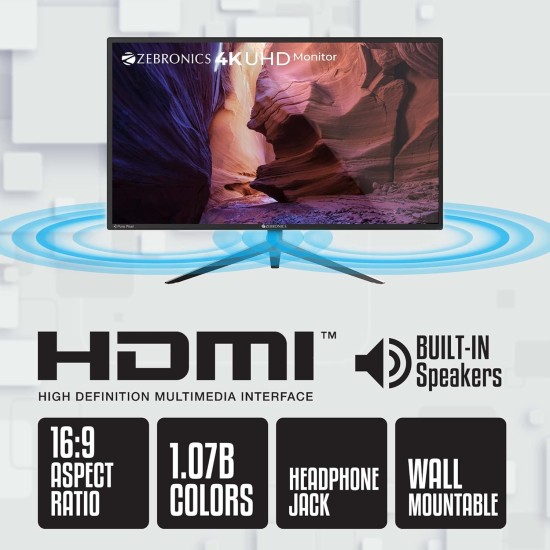 Zebronics Zeb-A28Uhd 4K UHD 3840 X 2160 Pixels, 28 Inch (71.7 Cm) Monitor with 2X Dp Input, Dual Hdmi, 300Cd/M Sq, 1.07B Color, Built-in Speaker, Earphone Jack, 16:9 Ratio and Wall Mountable (Black)