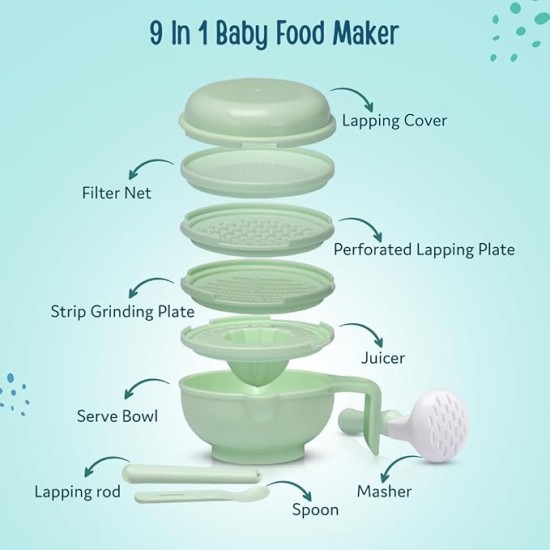 LuvLap 9 in 1 Baby Food Masher Mill, Food Grinder Cum Processor, with Multifunction Textured Mashing & Filtering Plates, with Serving Bowl (Light Green)