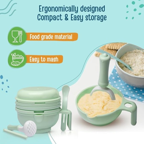 LuvLap 9 in 1 Baby Food Masher Mill, Food Grinder Cum Processor, with Multifunction Textured Mashing & Filtering Plates, with Serving Bowl (Light Green)