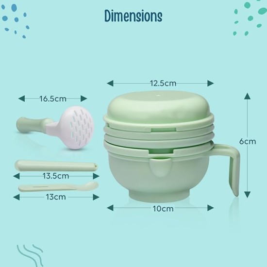LuvLap 9 in 1 Baby Food Masher Mill, Food Grinder Cum Processor, with Multifunction Textured Mashing & Filtering Plates, with Serving Bowl (Light Green)