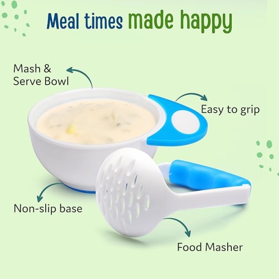 LuvLap Baby Food Grinding Cum Feeding Bowl, Portable Baby Food Masher & Serving Bowl for Baby weaning Food Preparation (Pack of 1 Set,White & Blue)