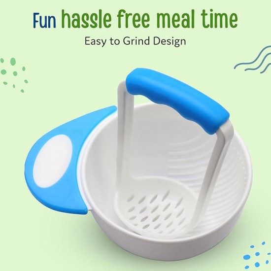LuvLap Baby Food Grinding Cum Feeding Bowl, Portable Baby Food Masher & Serving Bowl for Baby weaning Food Preparation (Pack of 1 Set,White & Blue)