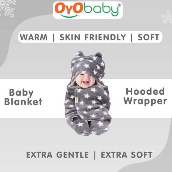 OYO BABY Blankets New Born Babies | Pack of 1, Super Soft Baby Wrapper Baby Sleeping Bag for Boys,Girls, Babies (76cm x 70cm, 0-6 Months, Fleece, skin friendly, Star Grey)