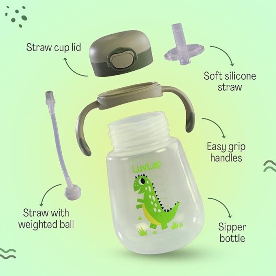 LuvLap Baby Bite Resistant Soft Silicone Straw Sipper Cup with Handle, with Weighted Straw, Sippy Cup with Anti Spill Lock, BPA Free, 6m+, 300 ml, Green