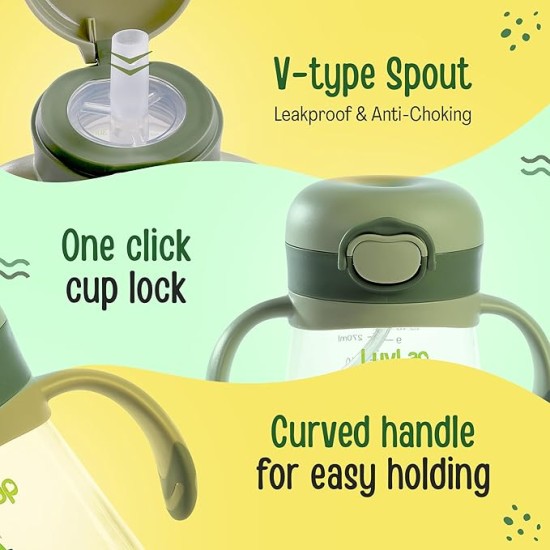LuvLap Baby Bite Resistant Soft Silicone Straw Sipper Cup with Handle, with Weighted Straw, Sippy Cup with Anti Spill Lock, BPA Free, 6m+, 300 ml, Green