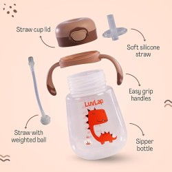 LuvLap Baby Bite Resistant Soft Silicone Straw Sipper Cup with Handle, with Weighted Straw, Sippy Cup with Anti Spill Lock, BPA Free, 6m+, 300 ml, Brown