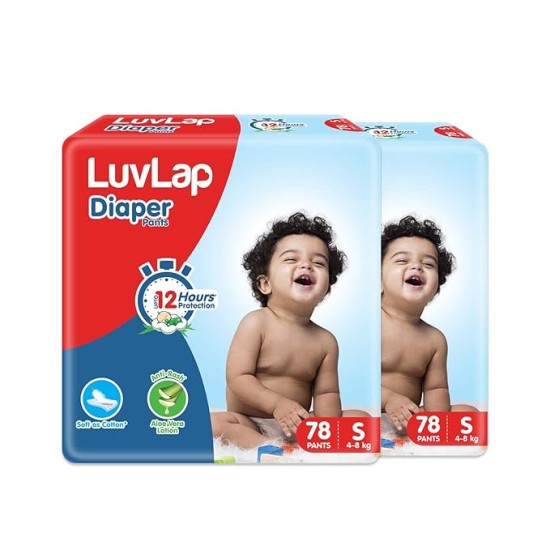 LuvLap Baby Diaper Pants Small (SM) 4-8Kg, with Aloe Vera Lotion for rash protection, with upto 12Hr protection, Super Jumbo Pack of 78x2=156