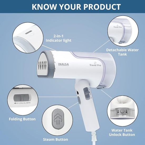Inalsa Garment Steamer 1250 Watts Steam Iron For Clothes-Vertical & Horizontal roning|Compact & Foldable|Quick Heat Up To 22G/Min, Kills 99.9%*Bacteria|Steamer For Clothes(White/Grey)-Travel Pro