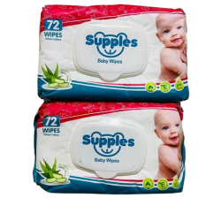 Supples Baby Wet Wipes with Lid | 144 Wipes | 72 Wipes x 2 Packs | Enriched With Aloe Vera and Vitamin E | Alcohol-Free and Paraben-Free | Pure Water-Based formulation