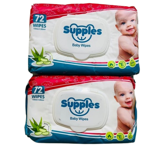 Supples Baby Wet Wipes with Lid | 144 Wipes | 72 Wipes x 2 Packs | Enriched With Aloe Vera and Vitamin E | Alcohol-Free and Paraben-Free | Pure Water-Based formulation