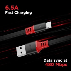boAt Type C A750 6.5A Flat Super Fast Charging Cable w/Stress Resistance, Upto 65W/6.5Amp & Compatible w/Xiaomi, Oneplus, Samsung, Vivo, Oppo,480 Mbps Data Transmission Speed(Rebellious Black), 1.5M