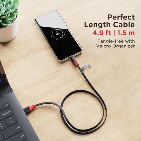boAt Type C A750 6.5A Flat Super Fast Charging Cable w/Stress Resistance, Upto 65W/6.5Amp & Compatible w/Xiaomi, Oneplus, Samsung, Vivo, Oppo,480 Mbps Data Transmission Speed(Rebellious Black), 1.5M