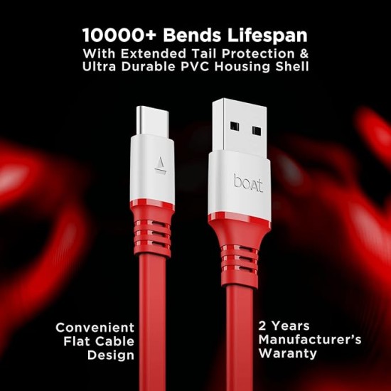 boAt Type C A750 6.5A Flat Super Fast Charging Cable w/Stress Resistance, Upto 65W/6.5Amp & Compatible w/Xiaomi, Oneplus, Samsung, Vivo, Oppo, 480 Mbps Data Transmission Speed(Radiant Red), 1.5M boAt Type C A750 6.5A Flat Super Fast Charging Cable w/Stress Resistance, Upto 65W/6.5Amp & Compatible w/Xiaomi, Oneplus, Samsung, Vivo, Oppo, 480 Mbps Data Transmission Speed(Radiant Red), 1.5M