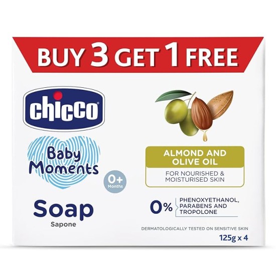 Chicco Baby Moments Bathing Soap for Babies with Almond & Olive Oil, 125g (Buy 3 Get 1 Free)| Nourished & Moisturized Skin| No Parabens | Dermatologically Tested on