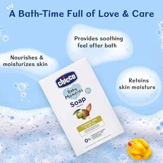 Chicco Baby Moments Bathing Soap for Babies with Almond & Olive Oil, 125g (Buy 3 Get 1 Free)| Nourished & Moisturized Skin| No Parabens | Dermatologically Tested on