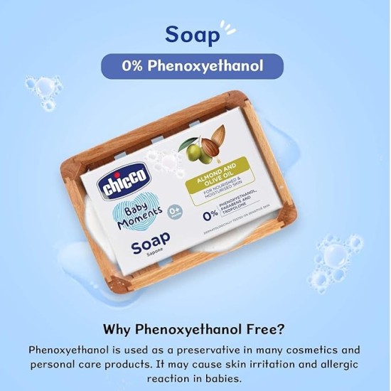 Chicco Baby Moments Bathing Soap for Babies with Almond & Olive Oil, 125g (Buy 3 Get 1 Free)| Nourished & Moisturized Skin| No Parabens | Dermatologically Tested on