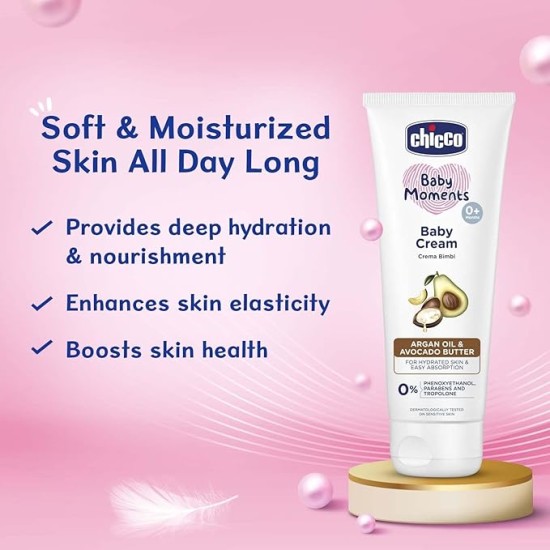 Chicco Baby Moments Baby Cream for Babies with Argan Oil & Avocado Butter, 100g| Natural Ingredients for Hydrated Skin | Dermatologically Tested | Phenoxyethanol, Parabens & Lauryl sulphates free
