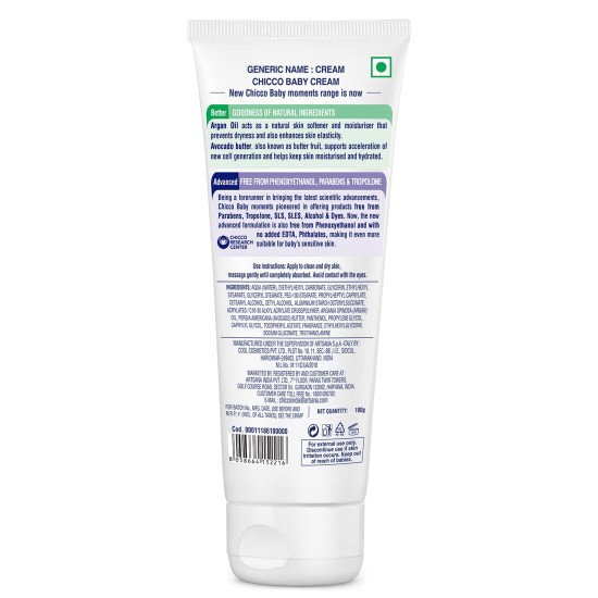 Chicco Baby Moments Baby Cream for Babies with Argan Oil & Avocado Butter, 100g| Natural Ingredients for Hydrated Skin | Dermatologically Tested | Phenoxyethanol, Parabens & Lauryl sulphates free