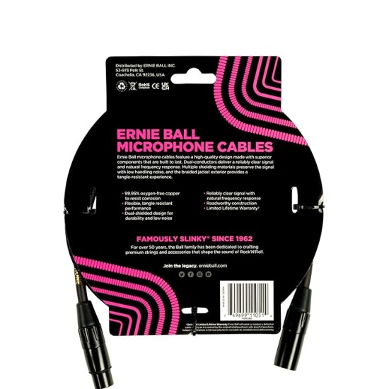 Ernieball 6390 5ft Braided Male Female XLR Microphone Cable Black