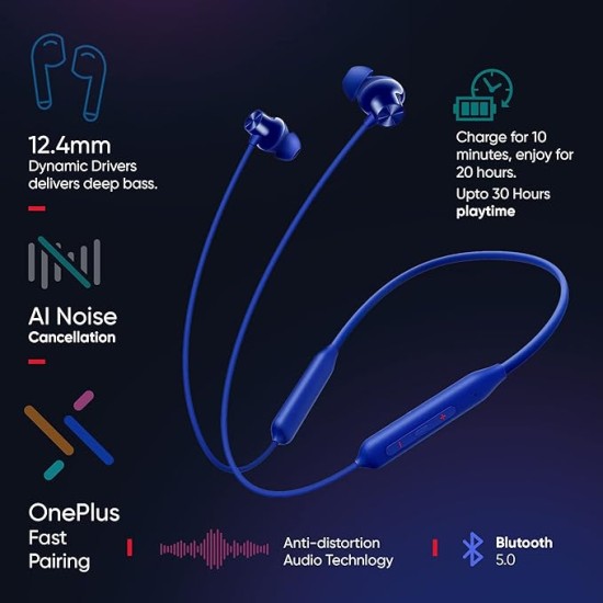 OnePlus Bullets Bluetooth Wireless in Ear Z2 Earphones with Mic, Bombastic Bass, 12.4 mm Drivers, 10 Mins Charge, 20 Hrs Music, 30 Hrs Battery Life, IP55 Dust & Water Resistant (Beam Blue)