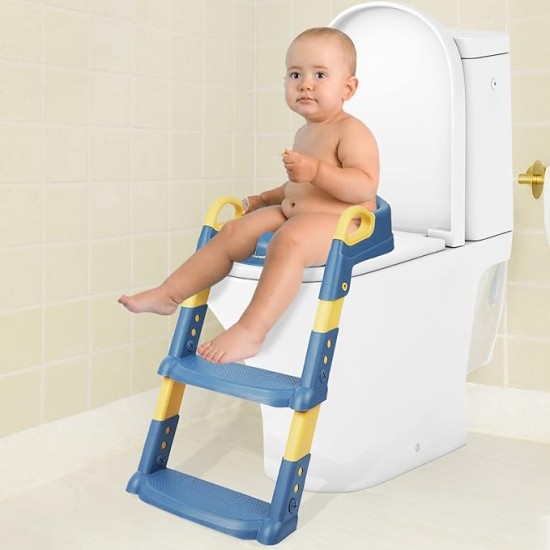 R for Rabbit Hilltop Potty Step Stool Training Seat with Ladder Step Up Non-Slip Steps Adjustable Foldable for Kids Baby 1 to 7 Years (Blue Yellow)