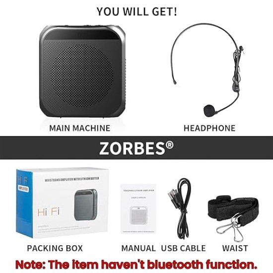 ZORBES® Voice Amplifier for Teachers - Microphone Headset Set 2200 mAh, with Headset Microphone Support TF Card/U Flash Disk, Portable Voice Amplifier for Teachers, Tour Guide, Coach, Speaker (Black)