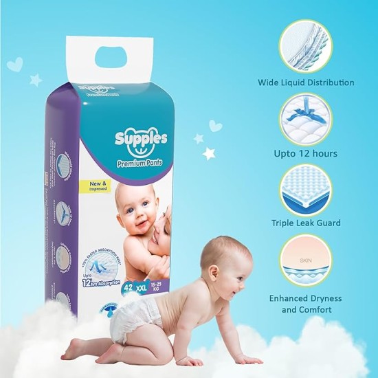 Amazon Brand - Supples Premium Baby Diaper Pants | 42 Baby Diapers | XXL | 15-25 Kg | 12 Hrs Absorption | Cushiony Cotton Soft Fabric | Phthalates-Free | Triple Leak Guard Amazon Brand - Supples Premium Baby Diaper Pants | 42 Baby Diapers | XXL | 15-25 Kg | 12 Hrs Absorption | Cushiony Cotton Soft Fabric | Phthalates-Free | Triple Leak Guard