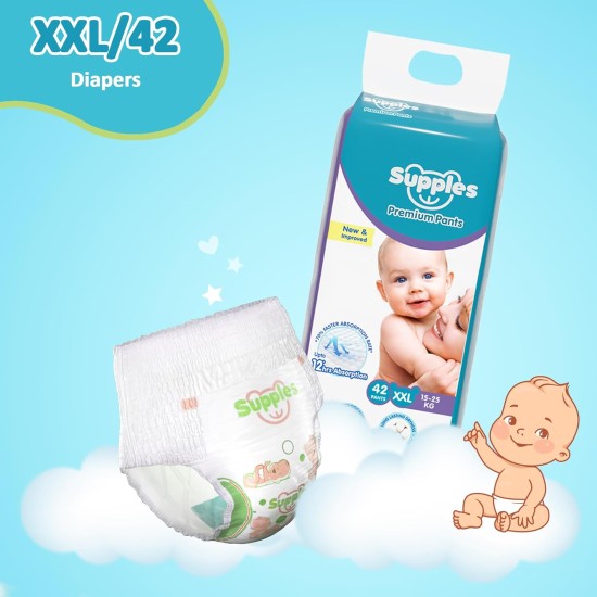 Amazon Brand - Supples Premium Baby Diaper Pants | 42 Baby Diapers | XXL | 15-25 Kg | 12 Hrs Absorption | Cushiony Cotton Soft Fabric | Phthalates-Free | Triple Leak Guard Amazon Brand - Supples Premium Baby Diaper Pants | 42 Baby Diapers | XXL | 15-25 Kg | 12 Hrs Absorption | Cushiony Cotton Soft Fabric | Phthalates-Free | Triple Leak Guard
