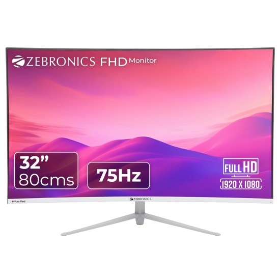 ZEBRONICS AC32FHD LED Monitor, 32 inch (81.28cm), 250 nits, 75hz, 1800R Curved wide screen, FHD, 1080p, Wall Mountable, VGA, HDMI, Ultra Slim Bezel, Metal stand, Built-in Speakers ZEBRONICS AC32FHD LED Monitor, 32 inch (81.28cm), 250 nits, 75hz, 1800R Curved wide screen, FHD, 1080p, Wall Mountable, VGA, HDMI, Ultra Slim Bezel, Metal stand, Built-in Speakers