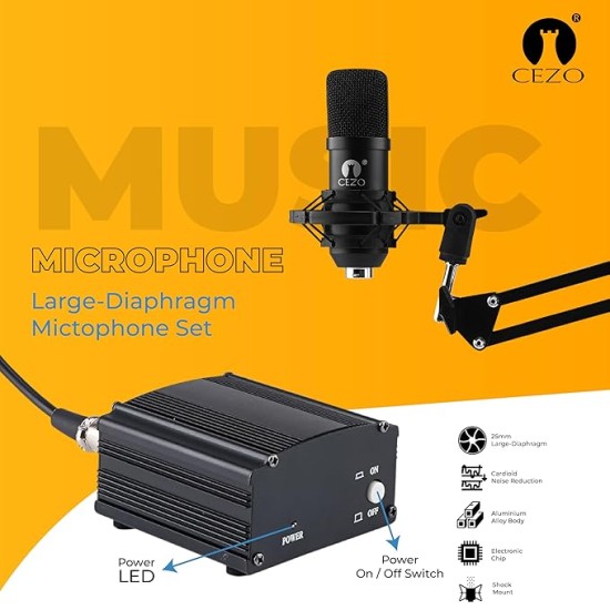 Cezo Professional Studio Recording Singing Condenser Mic Full Set Kit BM 800 Condenser Microphone with Audio Interface inbuilt Phantom Power Supply Mic Stand and POP Filter for Podcast, Singing