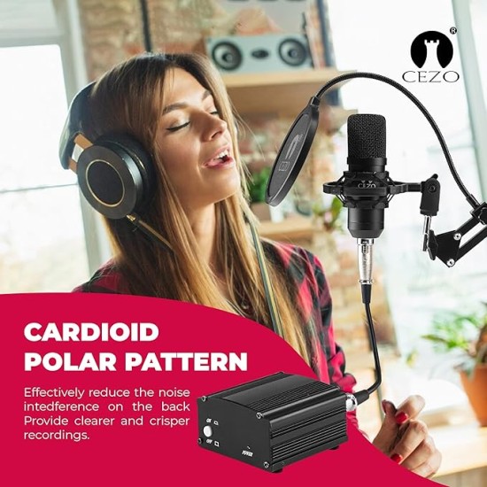 Cezo Professional Studio Recording Singing Condenser Mic Full Set Kit BM 800 Condenser Microphone with Audio Interface inbuilt Phantom Power Supply Mic Stand and POP Filter for Podcast, Singing