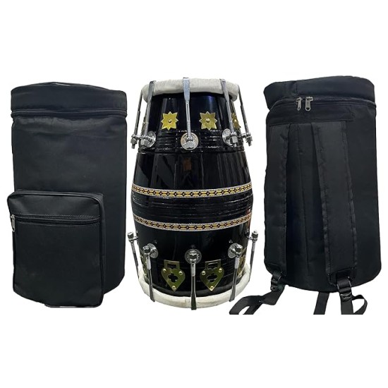 GT Manufacture Professional Dholak with Glassy Black Finish With Multi Feature Bag