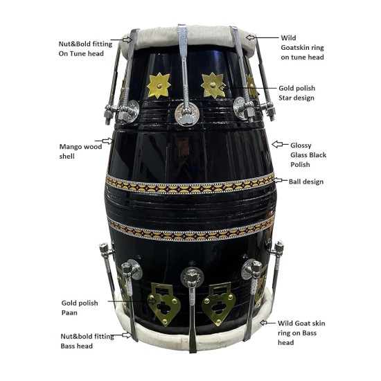GT Manufacture Professional Dholak with Glassy Black Finish With Multi Feature Bag