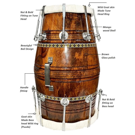 Gt Manufacturers Professional Bhajan Kirtan Dholak With Brown Glassy Glass Transparent Polish Wild Goat Skin Made Ring Fitting By Nut&Bold On Both Side By Gt Manufacturers Professional Bhajan Kirtan Dholak With Brown Glassy Glass Transparent Polish Wild Goat Skin Made Ring Fitting By Nut&Bold On Both Side By