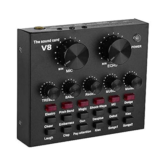 SOUNCE V8 plus Portable Audio Mixer Interface, Bluetooth Sound Card for Live Streaming/Recording/Podcast/Voice Change/Karaoke/Gaming/Singing with Sound Effects, 3.5mm Mic Jack for Guitar (V8 Black)