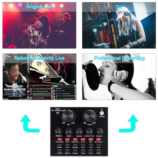 SOUNCE V8 plus Portable Audio Mixer Interface, Bluetooth Sound Card for Live Streaming/Recording/Podcast/Voice Change/Karaoke/Gaming/Singing with Sound Effects, 3.5mm Mic Jack for Guitar (V8 Black)