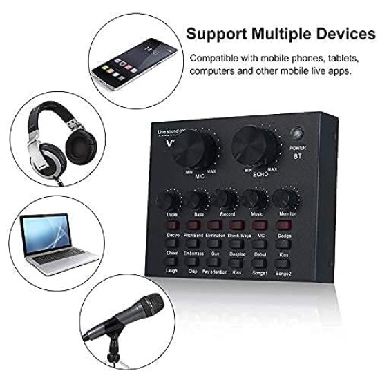SOUNCE V8 plus Portable Audio Mixer Interface, Bluetooth Sound Card for Live Streaming/Recording/Podcast/Voice Change/Karaoke/Gaming/Singing with Sound Effects, 3.5mm Mic Jack for Guitar (V8 Black)