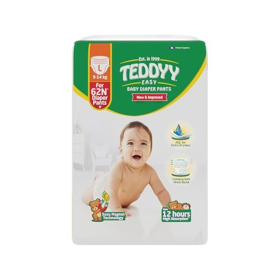 TEDDYY Baby Easy Pant Diapers Large 62 Count (Pack of 1), 9-14 kgs, 10 hrs Leak Protection, Anti - Bacterial TEDDYY Baby Easy Pant Diapers Large 62 Count (Pack of 1), 9-14 kgs, 10 hrs Leak Protection, Anti - Bacterial