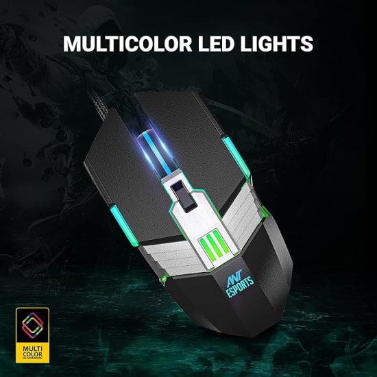 Ant Esports USB GM90 Wired Gaming Mouse with RGB, 6 Programmable Buttons, up to 3600 DPI Adjustable, Optical Gamer Gaming Mice with Multicolour LED Lights - Black
