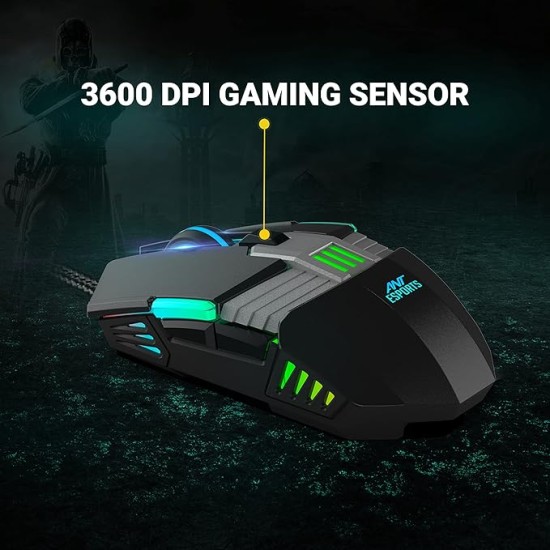 Ant Esports USB GM90 Wired Gaming Mouse with RGB, 6 Programmable Buttons, up to 3600 DPI Adjustable, Optical Gamer Gaming Mice with Multicolour LED Lights - Black