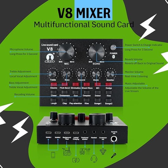 Cezo BM 800 Condenser Microphone Kit Set with V8 Sound Card, Boom Arm Stand, Pop Shield Recording Studio Equipment Full Set with 3.5mm Mic for Smartphones Live Streaming Youtubers - Black