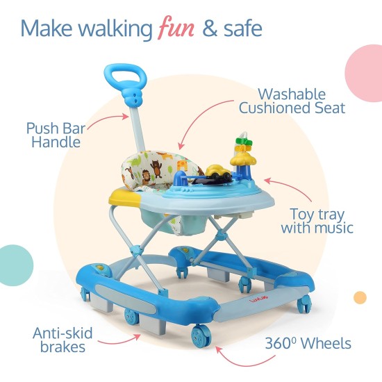LuvLap Comfy 2-in-1 Baby Walker & Rocker with Parental Push Handle, Anti Fall, Anti Skid Mechanism, Height Adjustable with Light, Rattle & Musical Toys, Cushioned Walker for Baby 6-18months (Blue)