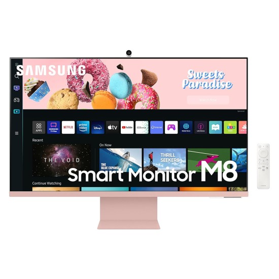 Samsung 32-inch(80cm) M8 4K UHD Smart Monitor, Wireless Webcam, Type-C, Smart TV apps, TV Plus, Office 365, Dex, Apple Airplay, BT, IOT, Speakers, Remote (LS32BM80PUWXXL, Pink)