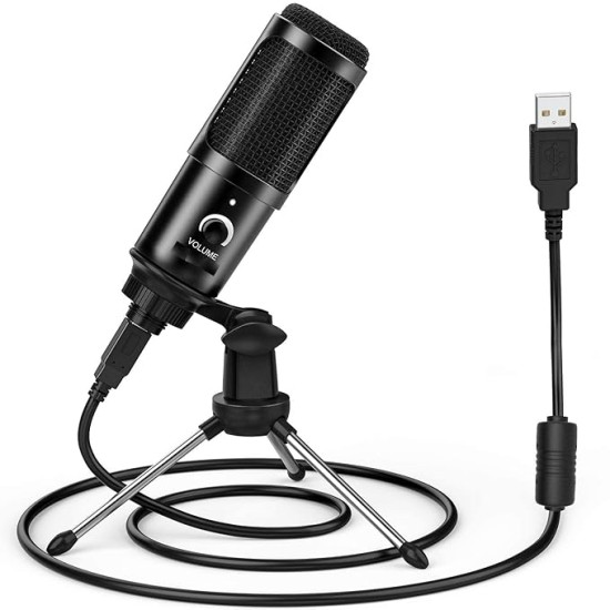 CEZO USB Microphone Condenser Microphnoe with Tripod Stand, USB Cable and Input Volume Control Knob, Cardioid Studio for Recording Streaming and YouTube Videos CompatibleWith PC & Laptop