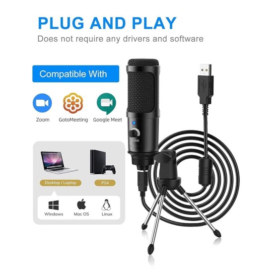 CEZO USB Microphone Condenser Microphnoe with Tripod Stand, USB Cable and Input Volume Control Knob, Cardioid Studio for Recording Streaming and YouTube Videos CompatibleWith PC & Laptop