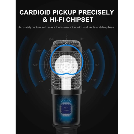 CEZO USB Microphone Condenser Microphnoe with Tripod Stand, USB Cable and Input Volume Control Knob, Cardioid Studio for Recording Streaming and YouTube Videos CompatibleWith PC & Laptop